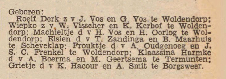 Geboortevermelding Frouktje Oudgenoeg (Nieuwsblad van het Noorden, 12 oktober 1940)